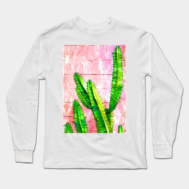 Green Cactus Pink Wall Marker Sketch Long Sleeve T-Shirt by ColortrixArt